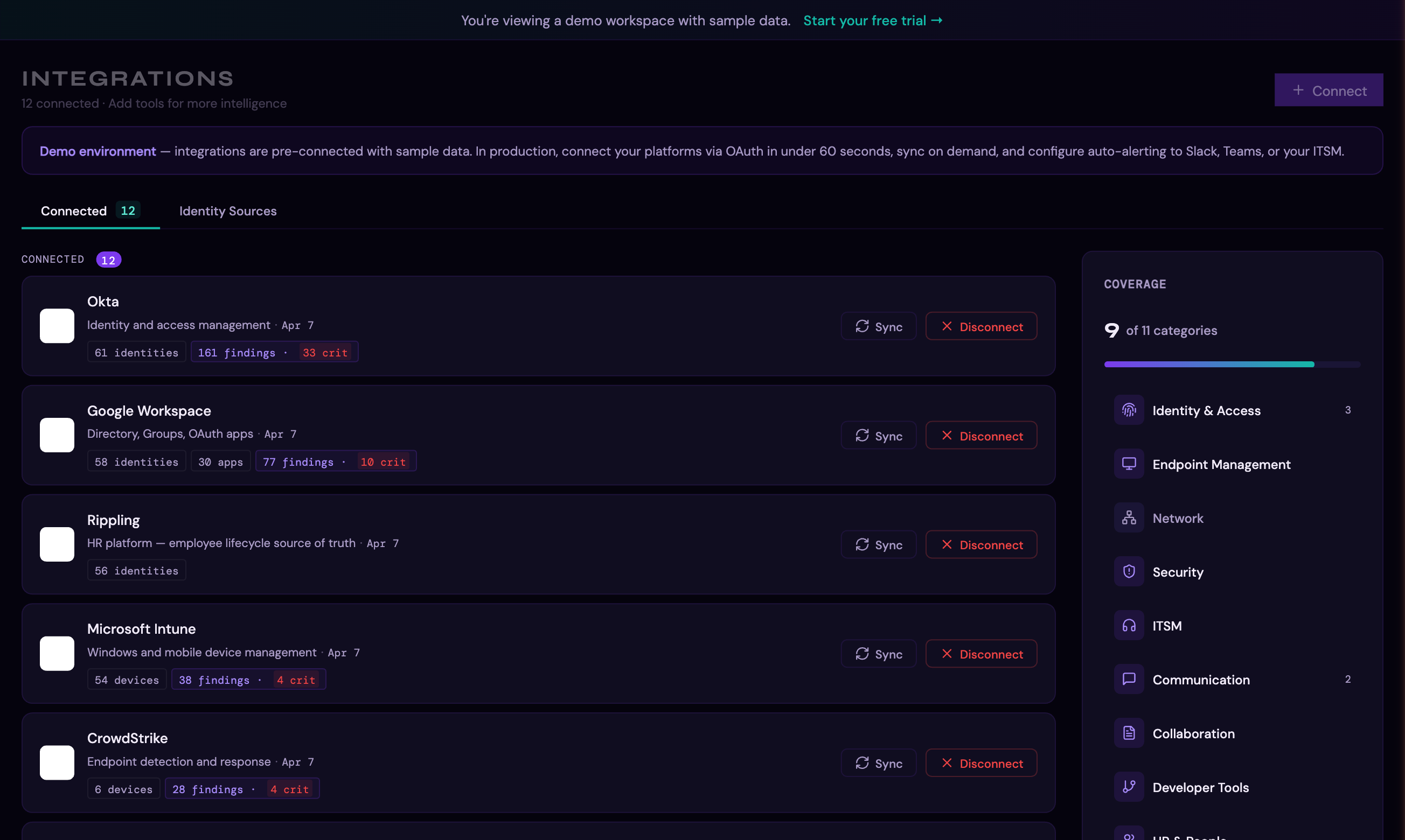 Connected integrations with coverage sidebar showing category completeness