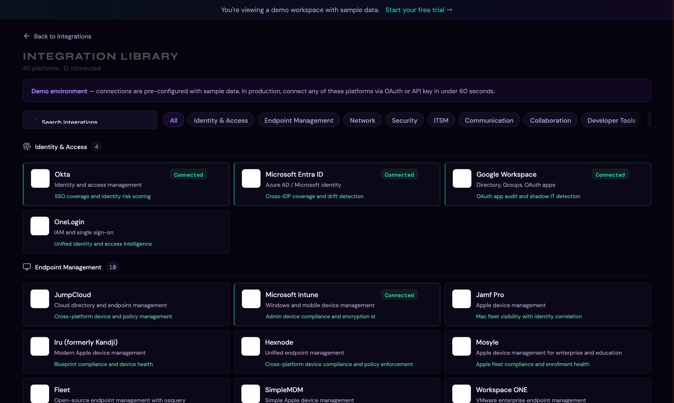 The Integration Library showing 42 supported platforms with category filters and connection status