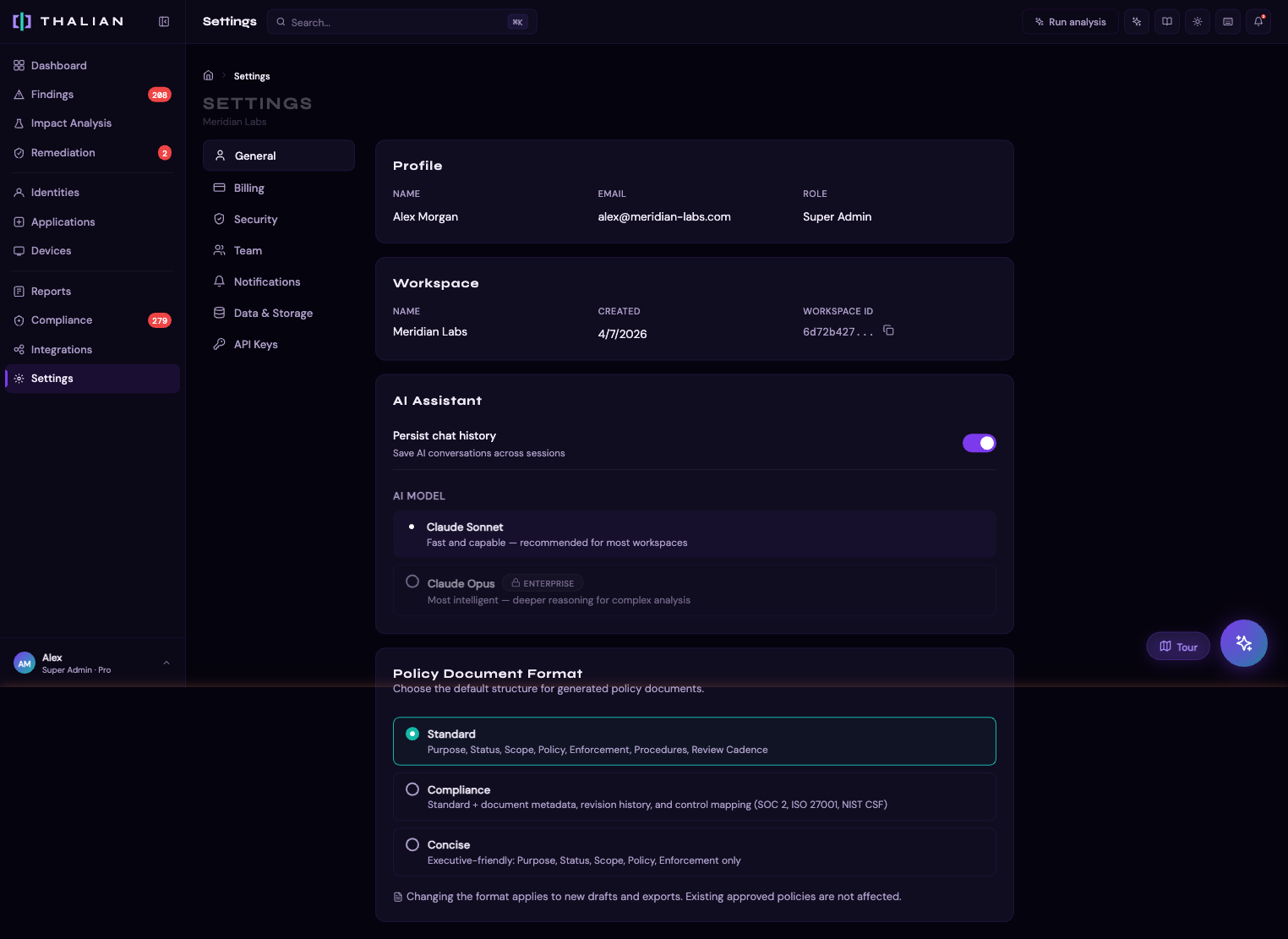 The Settings page showing profile, workspace, and AI assistant configuration