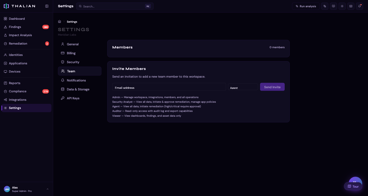 The Team settings tab showing the member list, invite form, and role descriptions